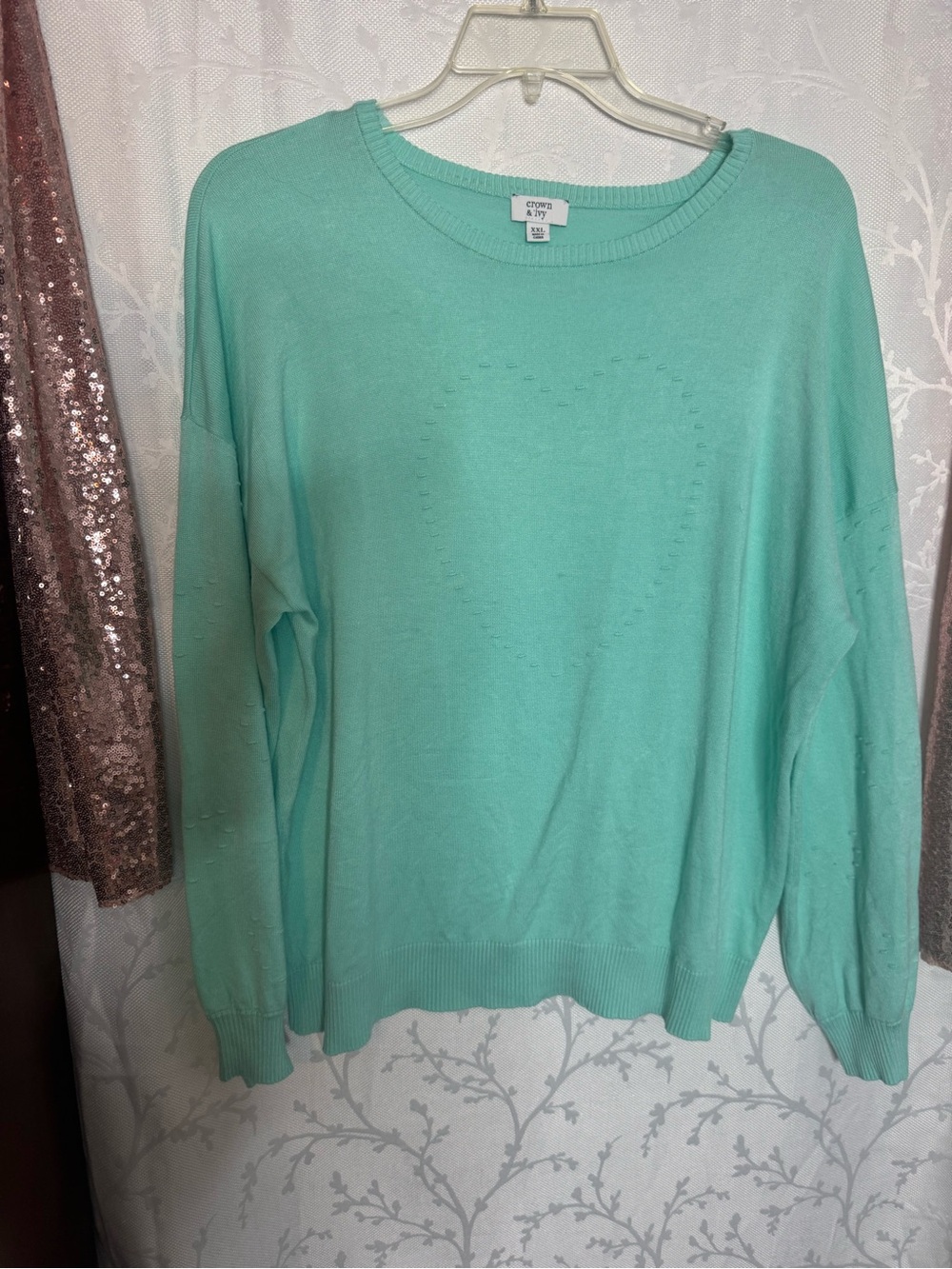 crown & ivy mint crewneck sweater with heart perforation